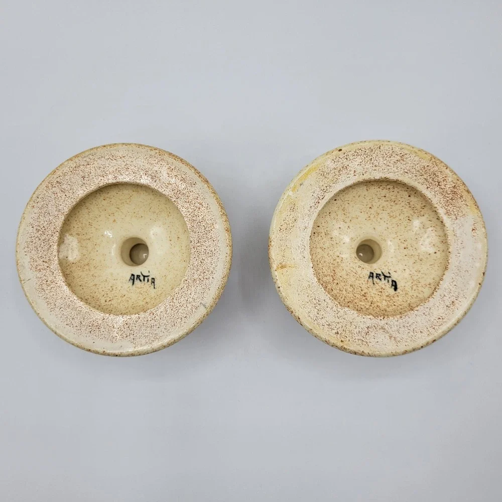 Folk Art Glazed Pottery Pair Candle Stick Holders Signed ARTIA Cherries Fruits